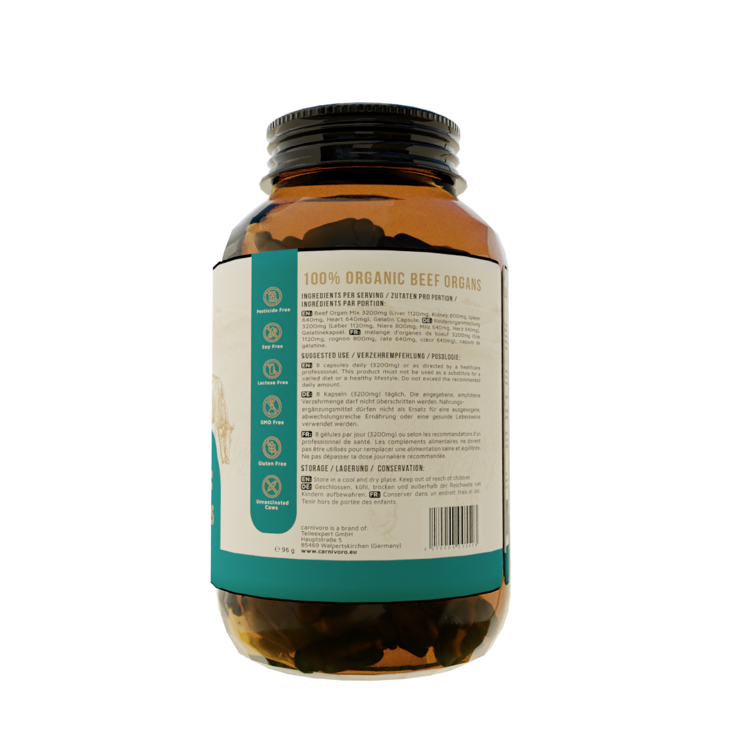 Carnivoro® Organes de Boeuf Nourris à L'Herbe» Mélange d'Organes 240 Capsules