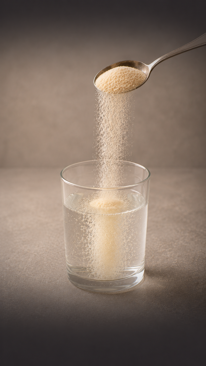 <p>Gelatine bringt genau die Aminosäuren mit, die <strong>Kollagen </strong>ausmachen. Auf 100 g kommen rund 18 g <strong>Glycin </strong>und etwa 11 g <strong>Hydroxyprolin</strong>.</p>
